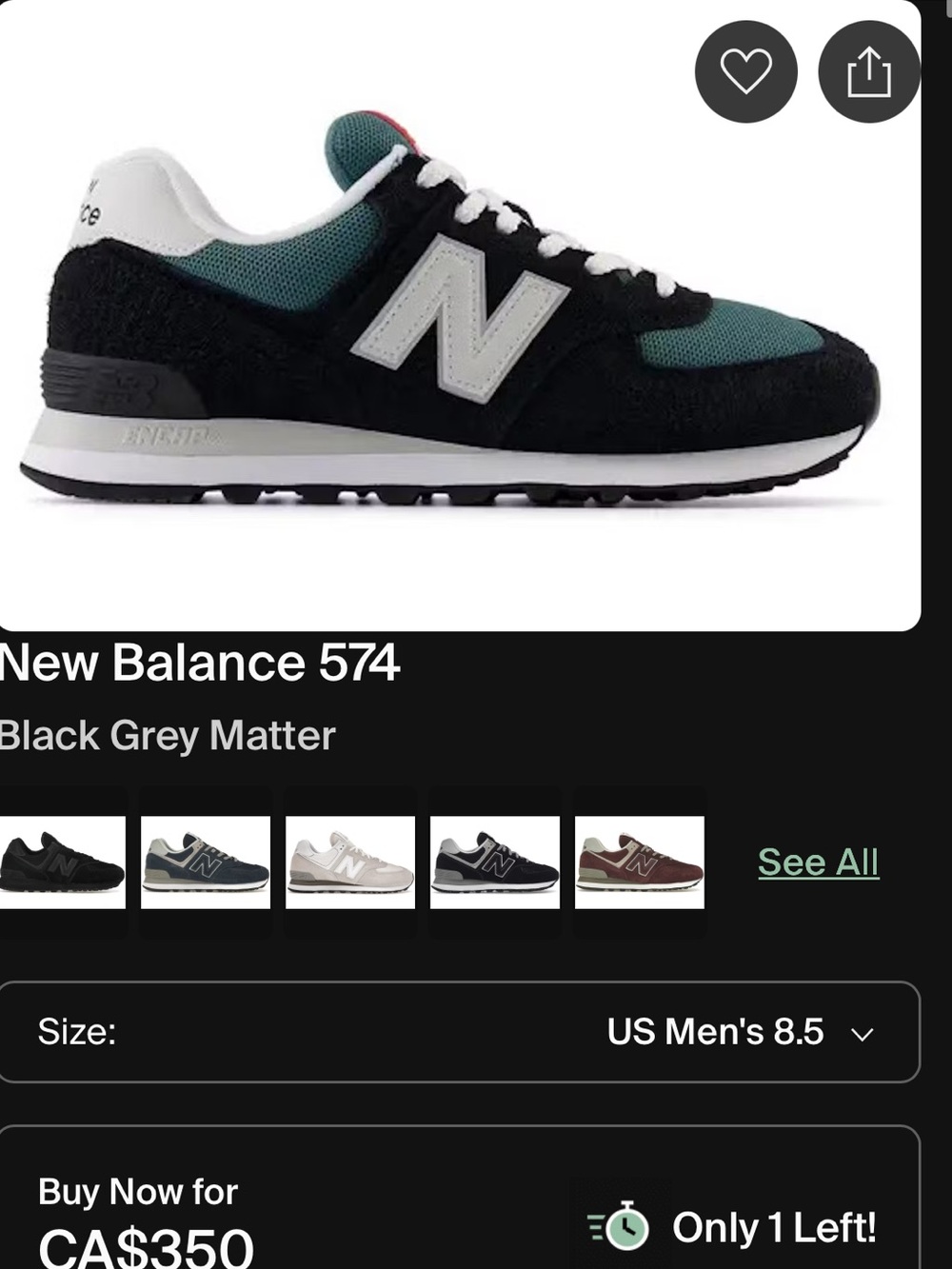 New Balance  Black and Teal 574 Sneaker Mens 9.5 Woman’s 11